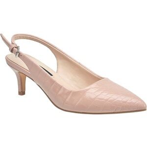 Croc-Textured Nude Slingback Kitten Heels